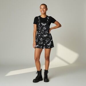 Romwe Overall Shorts Womens M Black Skull Snake Butterfly Print Goth Edgy Bib